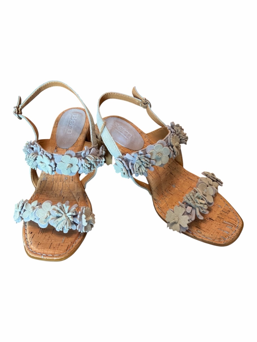 Born Floral Leather Slingback Block Heel Sandals Blue NWOB Women’s 8
